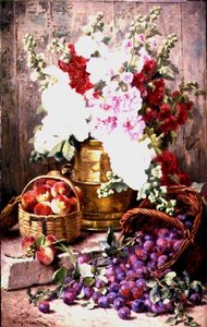 Nature morte avec fleurs dans une urne en laiton et fruits dans des paniers - Eugene Claude