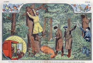 Une compagnie T.S.F. installe des microphones dans les forêts et les champs pour enregistrer et transmettre le chant des oiseaux. Illustration de Damblans dans « Le Pèlerin » du 21 mai 1933 - Eugene Damblans