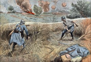 Un artilleur français fauche le blé pour tuer des Allemands, dessin par Damblans du journal français "Le Pèlerin" 30 juin - Eugene Damblans