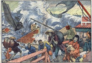 Un raz-de-marée et un typhon frappent le Japon. Illustration de Damblans. Dans « Le Pèlerin » du 2 octobre