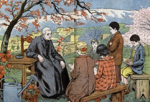 Un prêtre et de jeunes futurs communiants, dans un jardin, dessin par Damblans du journal "Le Pèlerin" 17 mai - Eugene Damblans