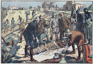 Une mission anglaise, commandée par le comte Byron de Prorok (1896-1954), archéologue, découvre la tombe de Tin-Hahan dans le Hoggar. Illustration de Damblans. Dans "Le Pèlerin" du 20 décembre 1925