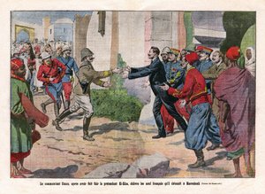 Événements du Maroc, prise de Marrakech par les troupes de Hubert Lyautey (1854-1934) et Charles Mangin (1866-1925). Le commandant Simon, après avoir fui le prétendant El-Hiba (Ahmed al-Hiba), a libéré les neuf - Eugene Damblans