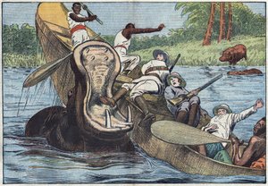 Sur le lac Victoria, en Afrique, un bateau occupé par des missionnaires anglicans et des indigènes est renversé par un hippopotame blessé. Illustration de Damblans. Dans « Le Pèlerin » du 16 mai.