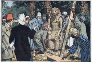 La mission archéologique française découvre une statue de Sésostris III adolescent qui sera apportée au Louvre. Médamoud, ancienne Thèbes, Égypte. Illustration de Damblans. Dans « Le Pèlerin » du 22 novembre - Eugene Damblans