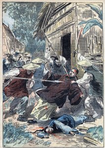 Le prêtre français Berthollet, missionnaire des Missions Étrangères, assassiné par des gardes nationaux chinois près de la ville de Yun Ngan Cheou le 21 avril 1898. Illustration de Damblans dans « Le Pèlerin » du 10 juillet - Eugene Damblans