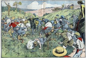 La course aux diamants (Afrique du Sud) : une course organisée pour décider qui occupera les parcelles de diamants les plus proches du gisement. Illustration de Damblans dans «Le Pèlerin» du 3 août - Eugene Damblans
