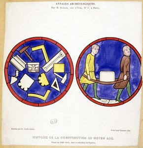 Histoire de la construction au Moyen Âge : Fac-similé de vitraux du XIIIe siècle, dans la cathédrale de Chartres - Dessiné par Eugène Viollet-le-Duc (Viollet le Duc) (1814-1879) et comportant plusieurs symboles maçonniques