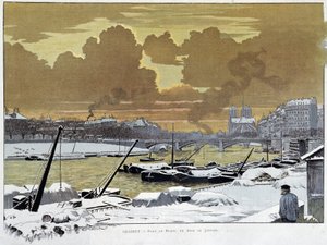 Le pont de Sully, à Paris couvert de neige, un soir de janvier 1886 - par Grasset