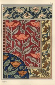Le pavot, Papaver somniferum, en vitrail, papier peint, motifs de tissu et de carreaux. Lithographie de Marc Mangin