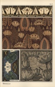 Le nénuphar, Nelumbo lutea, en tissu, tapisserie au point de croix et motifs en relief. Lithographie de C. G. Schlumberger
