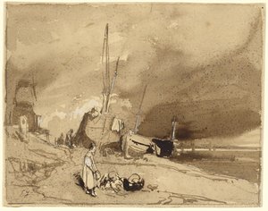 Bord de Plage (Bateaux de pêche sur une plage, nuages d