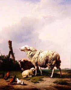 Moutons et volailles dans un paysage - Eugene Joseph Verboeckhoven