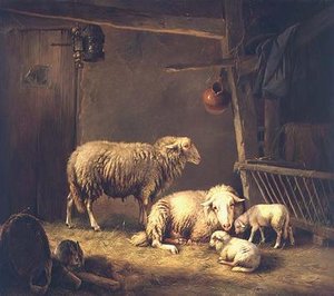 Moutons dans une grange - Eugene Joseph Verboeckhoven