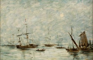 Bateaux amarrés dans un port - Eugene Louis (attr.to) Boudin