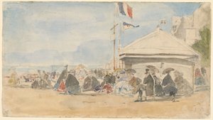 Maison de plage avec drapeaux à Trouville - Eugene Louis Boudin