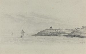 Paysage côtier avec navigation, moulin à vent au loin, vers 1858