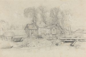 Paysage fluvial avec bâtiments, bateaux et personnages, vers 1858