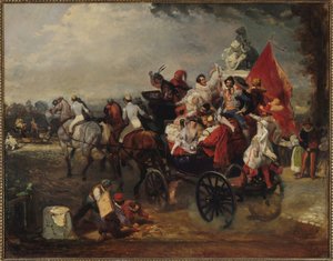 Carrosse avec hommes et femmes en costume sur les Champs-Élysées, 1834