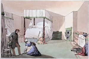 Auberge : un serviteur aidant un client à mettre ses chaussures. Illustration par Eugène Louis Lami (1800-1890), milieu du XIXe siècle