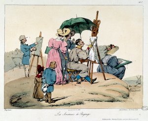 Amoureux des paysages. Peintres présentés regroupés pour peindre un paysage maritime. Illustration du livre la vie de château