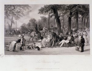 Passagers et promeneurs sur les Champs-Élysées à Paris. Gravure d