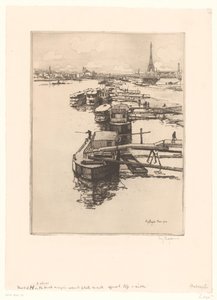 Quai avec bateaux omnibus à Paris avec la Tour Eiffel en arrière-plan - Eugène Bejot (signed by artist)