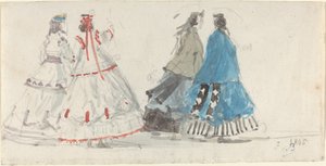 Quatre dames en crinolines marchant à Trouville