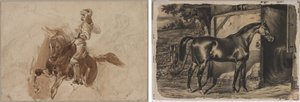 Figure armée à cheval (recto) ; Cheval devant une grange (verso)