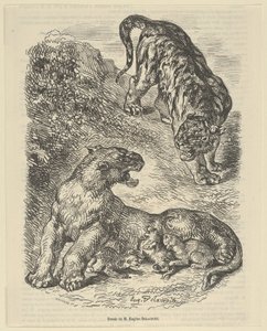 Tigresse attaquée par un tigre en allaitant ses petits, 1853