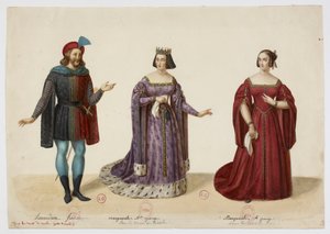 Costumes - Frederic Lemaitre as Buridan, Mlle George as Marguerite de Bourgogne (La Tour de Nesle, September 1832) - Eugène Du Faget