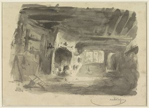 Intérieur avec femme agenouillée devant la cheminée