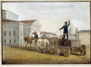 Transport des blocs de granit sur la place du théâtre à Saint Petersbourg