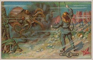 Un plongeur menacé par une pieuvre (chromolitho) - European School