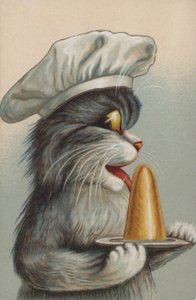 Chat avec un dessert (chromolitho)