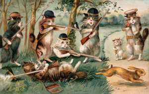 Chats de bande dessinée, à la chasse aux lapins (lithographie couleur) - European School