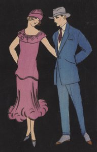 Couple en robe de soirée (lithographie couleur) - European School