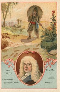 Daniel Defoe, romancier anglais, et une scène de Robinson Crusoé
