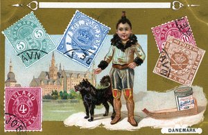Timbres-poste danois et islandais avec un enfant inuit et son chien, 1897