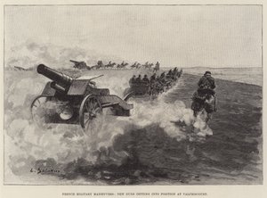 Manœuvres militaires françaises, nouveaux canons se mettant en position à Valfroicourt (gravure)