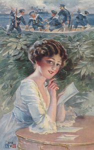 Fille écrivant à un marin (lithographie couleur)