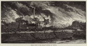 Grand incendie dans la banlieue de Rossau à Vienne (gravure) - European School