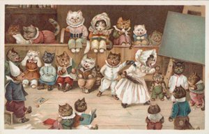 Carte postale humoristique sur les chats (lithographie couleur) - European School