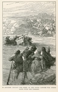 Dans un autre instant, le cheval du jeune Pawnee luttait contre le torrent (gravure) - European School