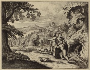 Jacob roulant la pierre de la bouche du puits pour abreuver les moutons de Laban (gravure) - European School