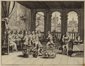 Joseph servant un banquet à ses frères en Égypte (gravure)