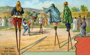Femmes coréennes sur des échasses jouant à sauter des obstacles, 1904