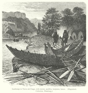 Paysage en Terre de Feu, avec canoës, pagaies, harpons, lances - European School