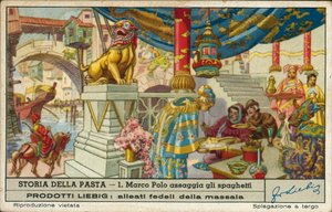 Marco Polo dégustant des spaghettis en Chine (chromolitho)