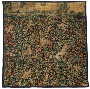 Fragment de tapisserie Mille fleurs représentant des animaux, des oiseaux et un paysage, vers 1500 (laine)